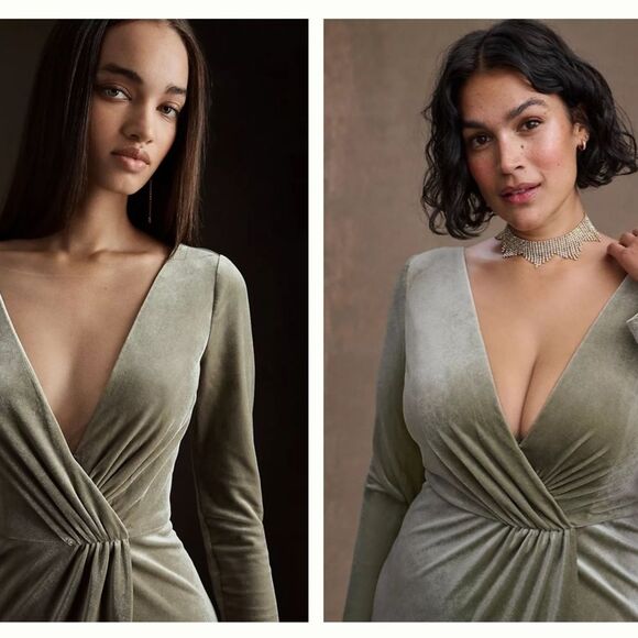 NWT Anthropologie Jenny Yoo Ryland V-neck Long Sleeve Sage Open Back Velvet Gown - Picture 2 of 8